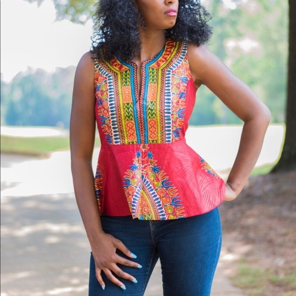 Red Dashiki Peplum Blouse - Picture 3 of 3